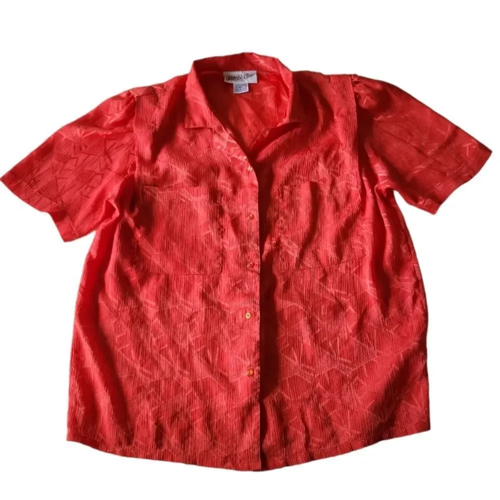 Yves St. Clair Red Jacquard Geometric Button Up Blouse‎ Vintage Size 12